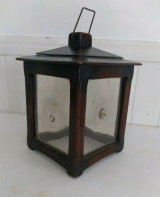 Vintage solid English Oak & Bulls eye Glass Hall Porch Lantern Arts & Crafts 2
