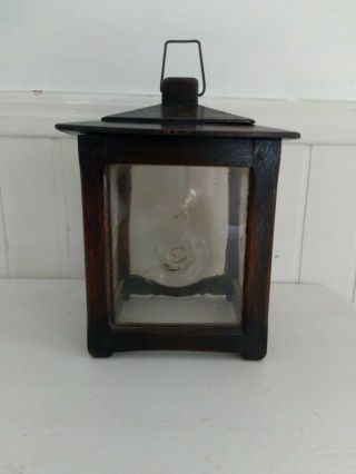 Vintage solid English Oak & Bulls eye Glass Hall Porch Lantern Arts & Crafts 6