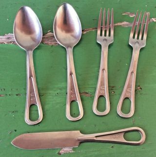 Vintage 5 Piece Us Military Utensil Set Forks/spoons/knife Utica Cutlery Co Ucco