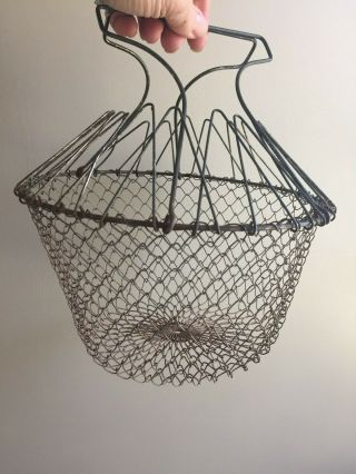 Vintage Antique Country Woven Wire Collapsible Hanging Egg Basket 9” Diameter