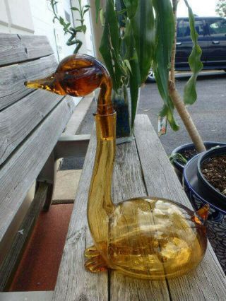 Vintage Glass Duck Swan Goose Decanter Glass Bottle Large Empoli (?) Italy 3