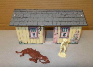 Marx Wagon Train Playset Flint Mccullough,  Brown Dead Horse,  Gray Roof Cabin L@@k