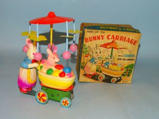 Bunny Carriage Celluloid & Tin Windup Toy Box Japan