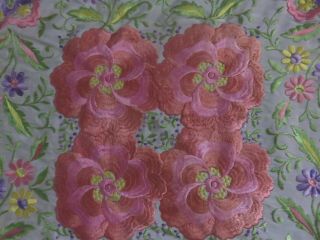 ANTIQUE VINTAGE CANTON EMBROIDERED SILK SPANISH PIANO SHAWL EMBROIDERY pink rose 2
