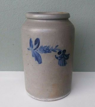 Antique Cobalt Flower Decorated Stoneware Crock 10.  5 "