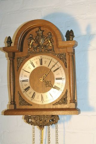 Antique Vintage Dutch Wall Clock Good Running Fhs Movement Brass Oak K14