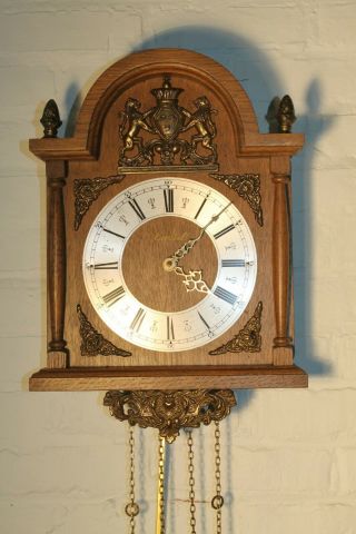 ANTIQUE vintage dutch wall clock good running FHS movement brass oak k14 2