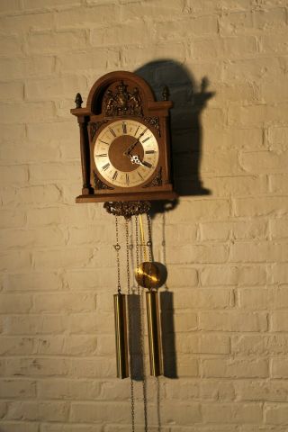 ANTIQUE vintage dutch wall clock good running FHS movement brass oak k14 3