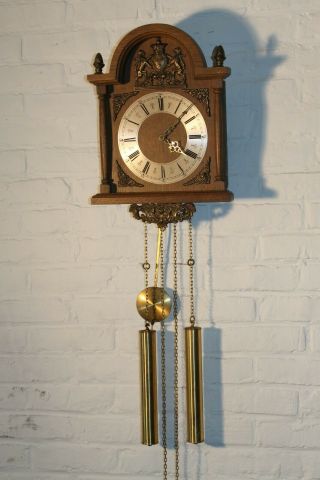 ANTIQUE vintage dutch wall clock good running FHS movement brass oak k14 4
