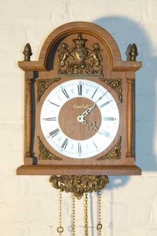 ANTIQUE vintage dutch wall clock good running FHS movement brass oak k14 5
