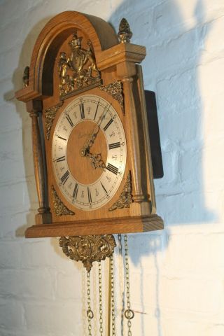 ANTIQUE vintage dutch wall clock good running FHS movement brass oak k14 7