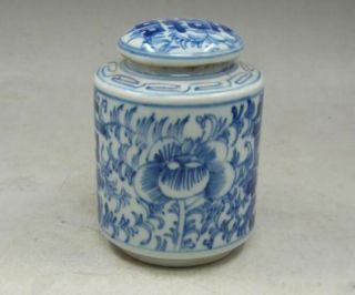 Chinese old Handmade painting flowers blue and white porcelain Tea caddy pot 3