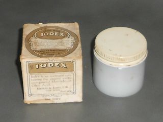 C1920 Antique Iodex Medicine Medical Milk Glass Jar W/ Contents
