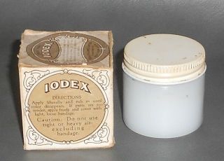 c1920 Antique Iodex Medicine Medical Milk Glass Jar w/ Contents 2