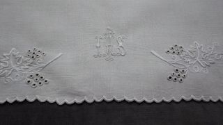 ECCLESIASTICAL,  RELIGIOUS: 3 Linen Coverings,  of that 2 w Raised Embroidery,  IHS 8