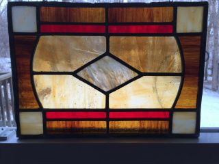 Vintage Handcrafted Leaded Stained Glass Window Panel 10 " X 14 " Red/amber/brown