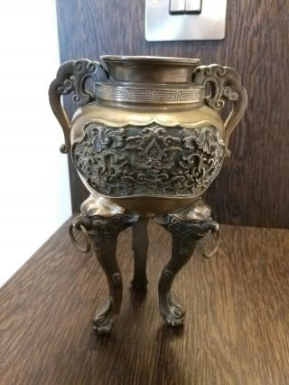 ANTIQUE BRONZE ORIENTAL CHINESE CENSER LOVELY PATINA 2