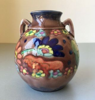 4.  75 " Antique Japanese Awaji Tubelined Pottery Vase,  Art Deco Era