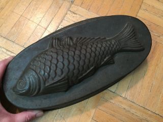 Mid 19th Century Tin Food Mold Of A Fish Flat Oval Form W Nicely Detailed Fish 2