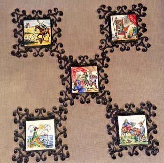 5 Antique Tiles Don Quixote Characters Wrought Iron Frames 1950s Made In Spain