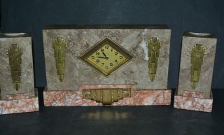 Art Deco Marble Mantel Clock Garniture Set Vintage Circa 1930