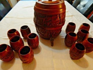 Primitive Style Whiskey Beer Wood Wooden Barrel Keg & 12 Matching Cups 10 " High