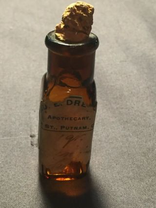 Rare Antique Drug Amber Apothecary Bottle Putnam Ct Vintage 1900 