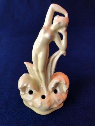 Antique Art Deco Flower Frog Nude Female Pale Yellow Glass In