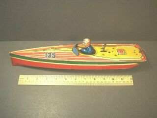 Vintage Lindstrom Litho Tin Windup Toy 135 Speedboat W/driver 14.  5 "