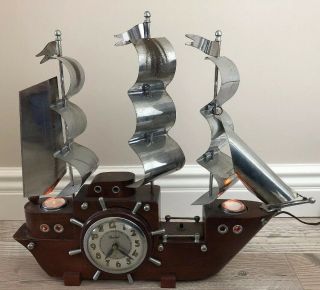 Mid Century Sail Boat Mantel Clock - United Clock Corp Usa Lights Up