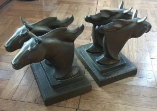Art Deco Brass Bronze Frankart Pt Pend Twin Horse Head Bookend Vintage Old