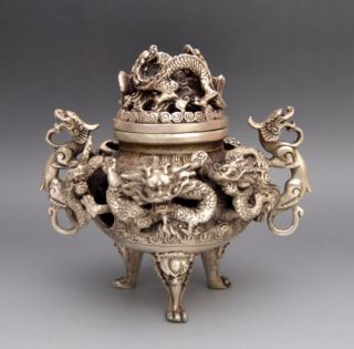 China Old Copper Plating Silver Carved Dragon Censer &lid Qianlong Mark E02
