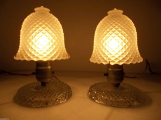 Vintage Art Deco Glass Lamps Set Of 2 Bedside Night Light Frosted Shade