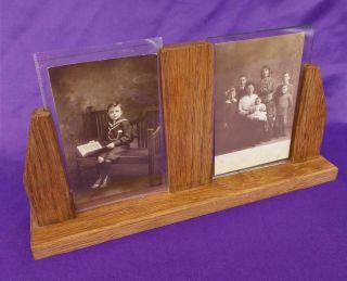 Vintage Wooden Oak Art Deco Double Photo / Picture Frame Glass & Photos