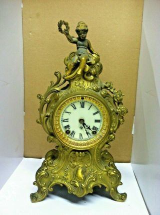 Rare Old Vintage French Style Ansonia Mantle Clock W/ Gilt Winged Cherub -