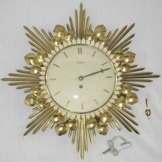 Vtg Atomic Starburst Gold Brass Wall Clock Mid - Century Funghans Made In Germany