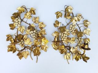 Vintage Italian Tole Gilt Gold Metal Grape Candleholder Pair Sconces