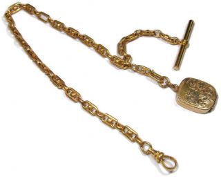 Victorian 9k Rolled Gold Fancy Albert T Bar Pocket Watch Chain With Locket Fob