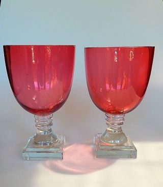 Cranberry Glass Vases Set Of 2 Clear Glass Base 8 " High Victorian C 1850