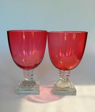 Cranberry Glass Vases Set of 2 Clear Glass Base 8 