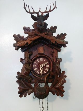 Vintage German Cuckoo Clock Black Forest Hunter Hand Carved Wood Clock No Reserv