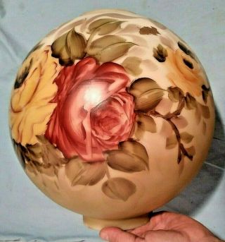 Antique Hand Painted Gwtw Glass Oil Lamp Globe Yellow Rose Gone W/ The Wind 10 "