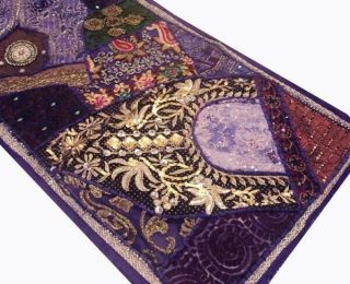 60 " Purple Huge Decor Sari Beaded Kundan Vintage Runner Wall Hanging Tapestry