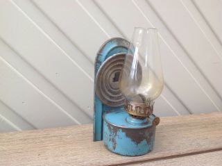 Vintage Wall Mount Small Chimney Oil Lamp Blue Tin Plate Shabby Chic Rustic