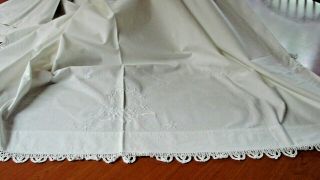 Antique Victorian Early 1900s Embroidery Wreath Crochet Cotton Bed Sheet 88 X 99