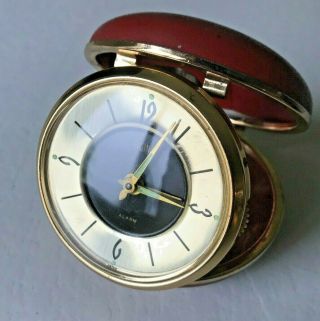 Vintage Elgin Wind Up Travel Alarm Clock Round Red Case 3 " Diameter