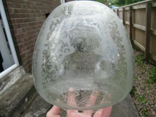 Victorian Or Edwardian Glass Oil Lamp Shade Boy On Fence & Scrolling Flowers A/f