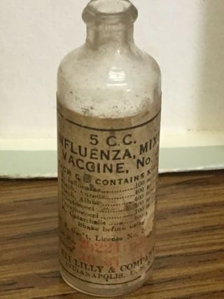 Antique Vintage Eli Lilly & Co.  Influenza Mixed Vaccine 4 1920 Glass Bottle