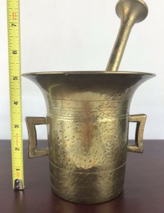 Wonderful ANTIQUE HEAVY BRASS APOTHECARY MORTAR AND PESTLE 5.  2 Lbs / 5” Tall 3