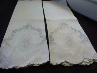 Antique Huck Linen Damask Hand Embroidery Show Towels Monogram Pair 35 1/2 " L